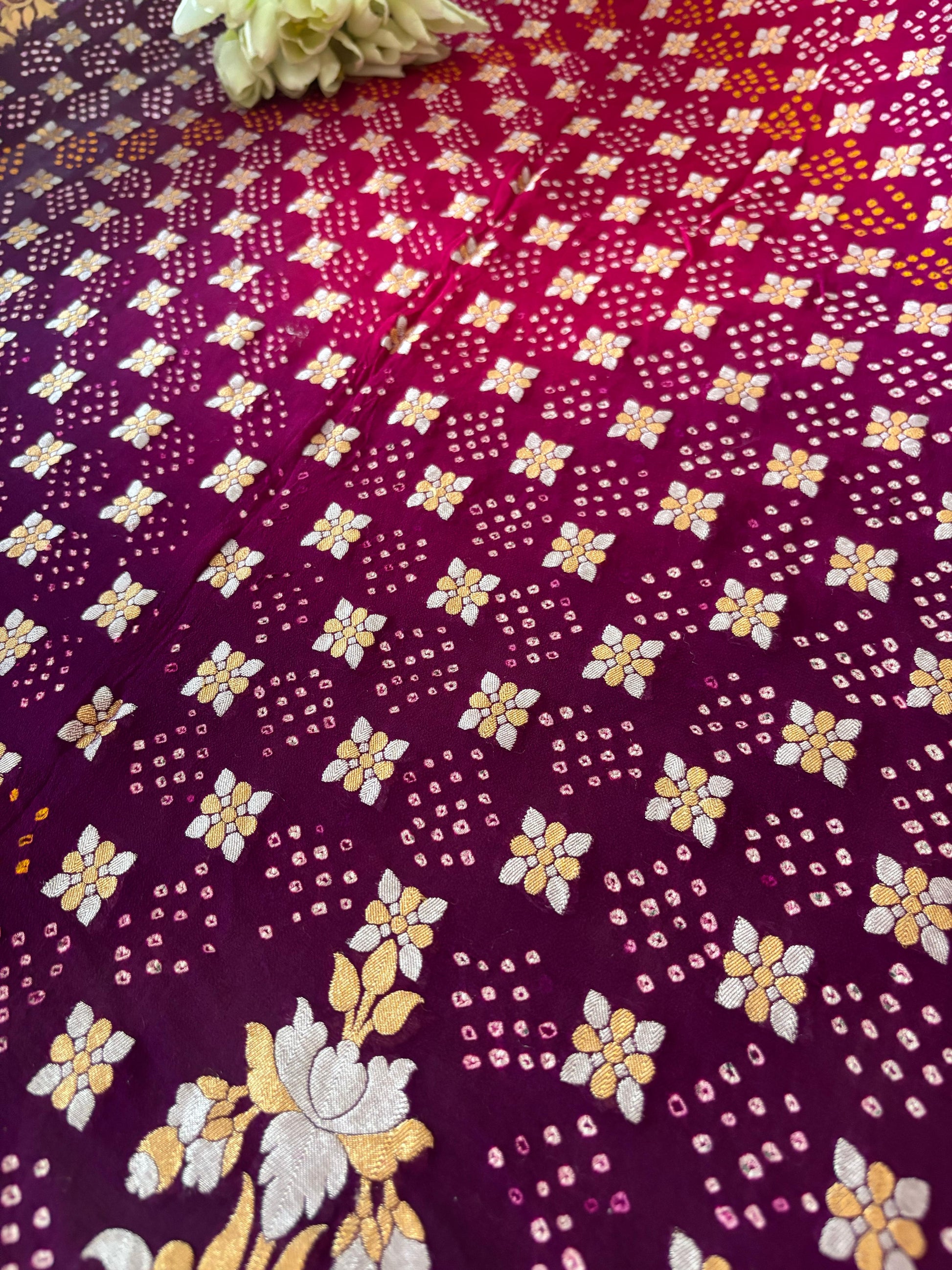 Elegant Purple And Pink Banarasi Bandhani Pure Georgette Sona Roopa Saree - Luxurion World