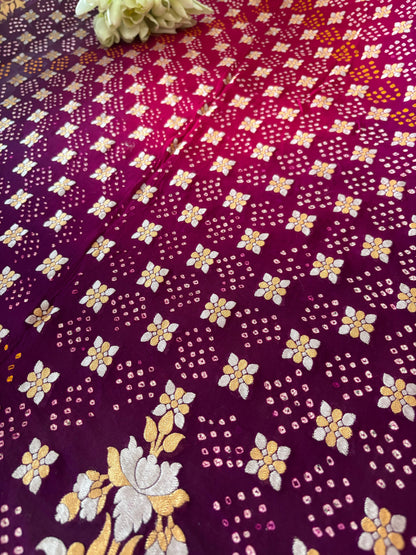 Elegant Purple And Pink Banarasi Bandhani Pure Georgette Sona Roopa Saree - Luxurion World