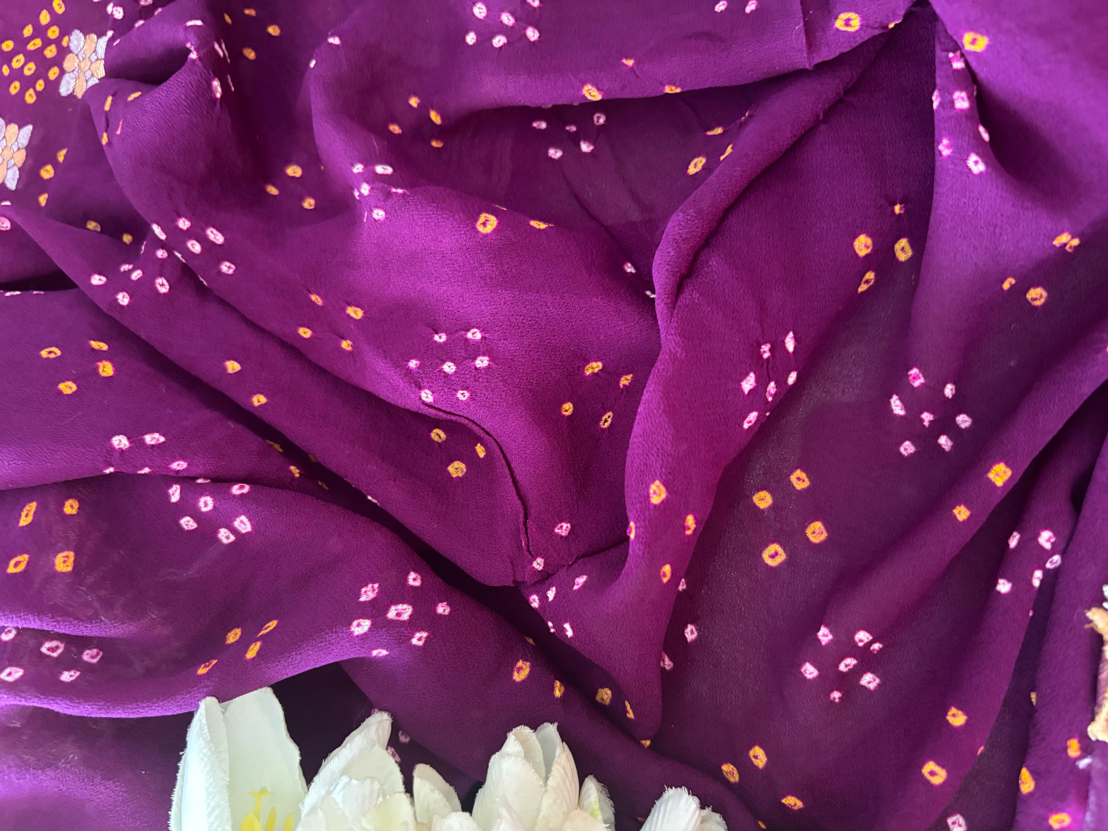 Elegant Purple And Pink Banarasi Bandhani Pure Georgette Sona Roopa Saree - Luxurion World