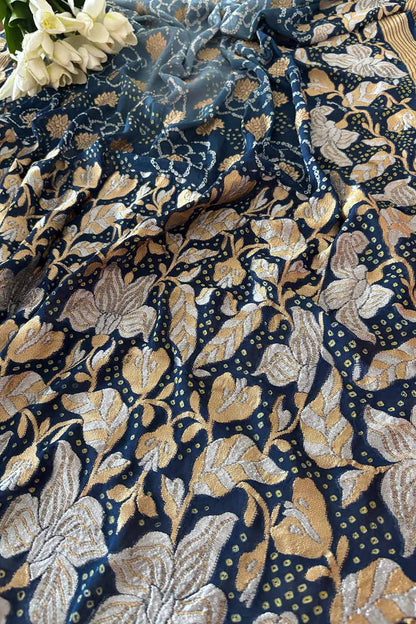 Elegant Grey Banarasi Bandhani Pure Georgette Sona Roopa Shaded Saree - Luxurion World