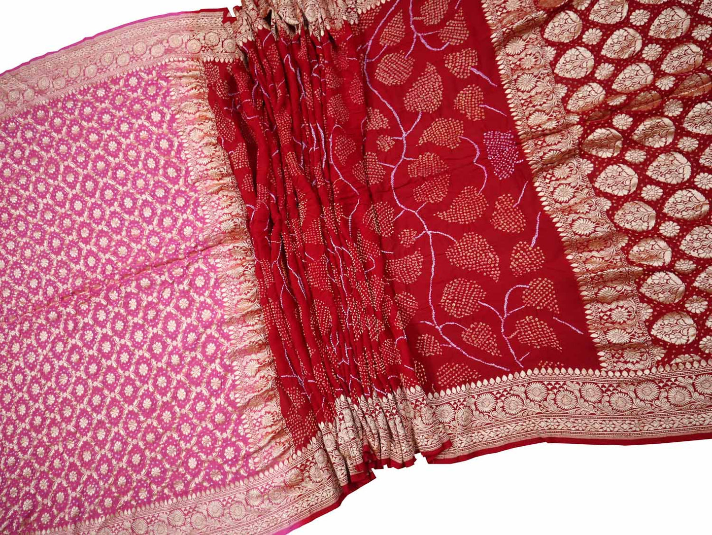 Stunning Pink & Red Banarasi Bandhani Georgette Saree - Luxurion World