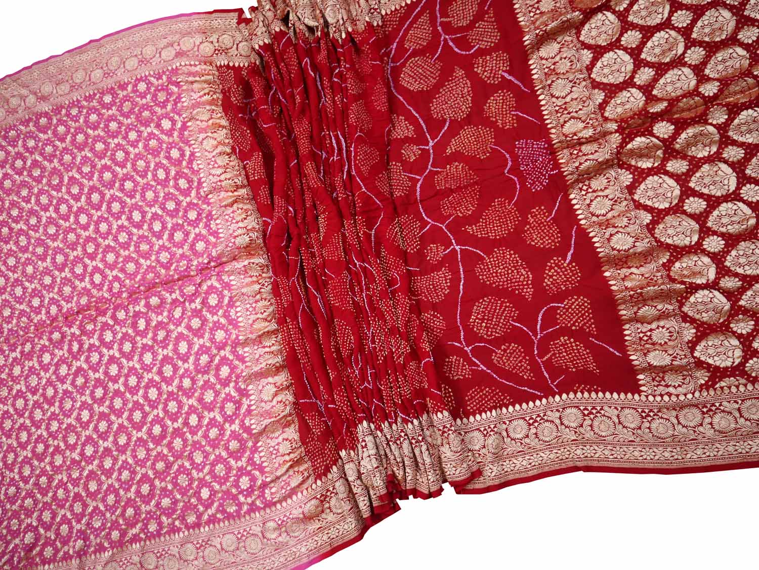 Stunning Pink & Red Banarasi Bandhani Georgette Saree - Luxurion World
