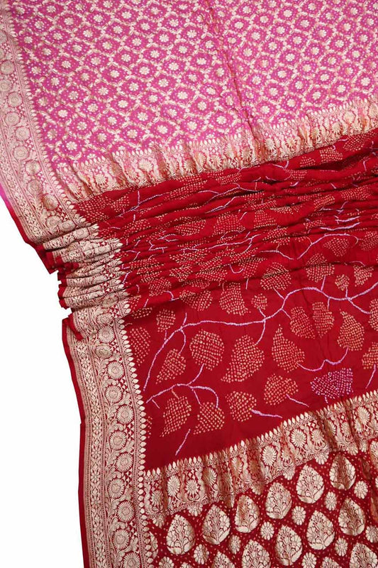 Stunning Pink & Red Banarasi Bandhani Georgette Saree