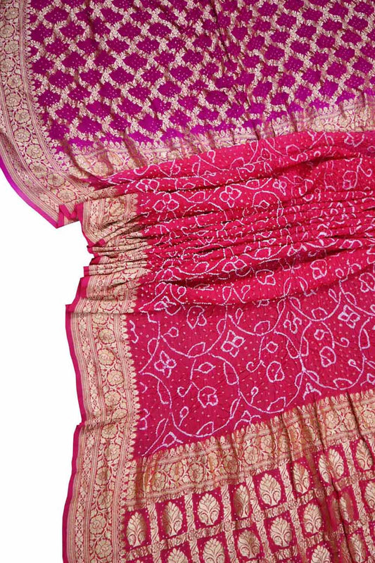 Stunning Pink Banarasi Bandhani Georgette Saree - Luxurion World