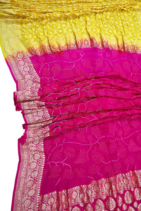 Yellow & Pink Banarasi Bandhani Georgette Saree - Luxurion World