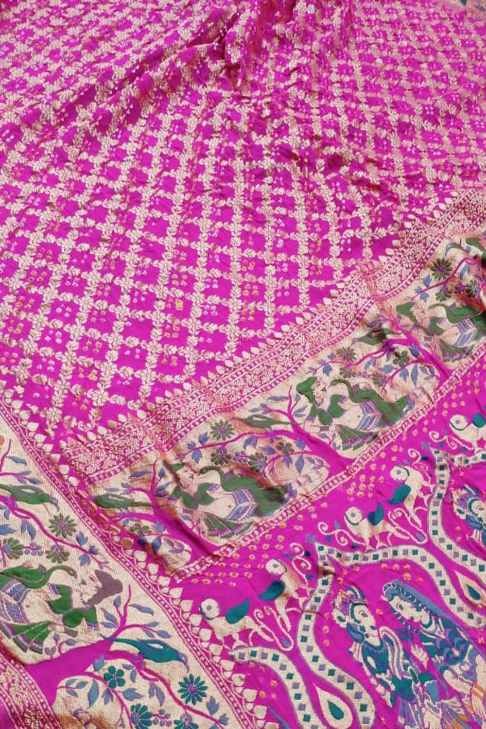 Stunning Pink Pure Georgette Banarasi Meenakari With Bandhani Work Saree - Luxurion World