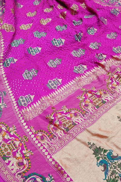 Stunning Pink Pure Georgette Banarasi Meenakari With Bandhani Work Saree - Luxurion World
