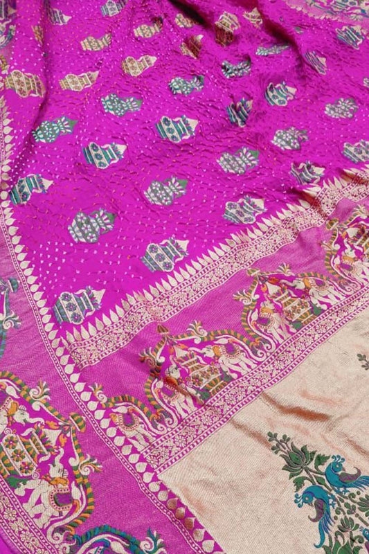Stunning Pink Pure Georgette Banarasi Meenakari With Bandhani Work Saree - Luxurion World