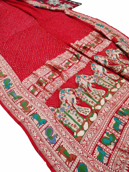 Red Pure Georgette Banarasi Meenakari With Bandhani Work Saree - Luxurion World