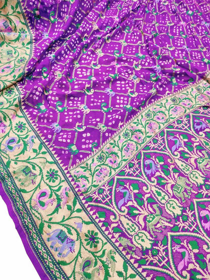 Elegant Purple Pure Georgette Banarasi Meenakari With Bandhani Work Saree - Luxurion World