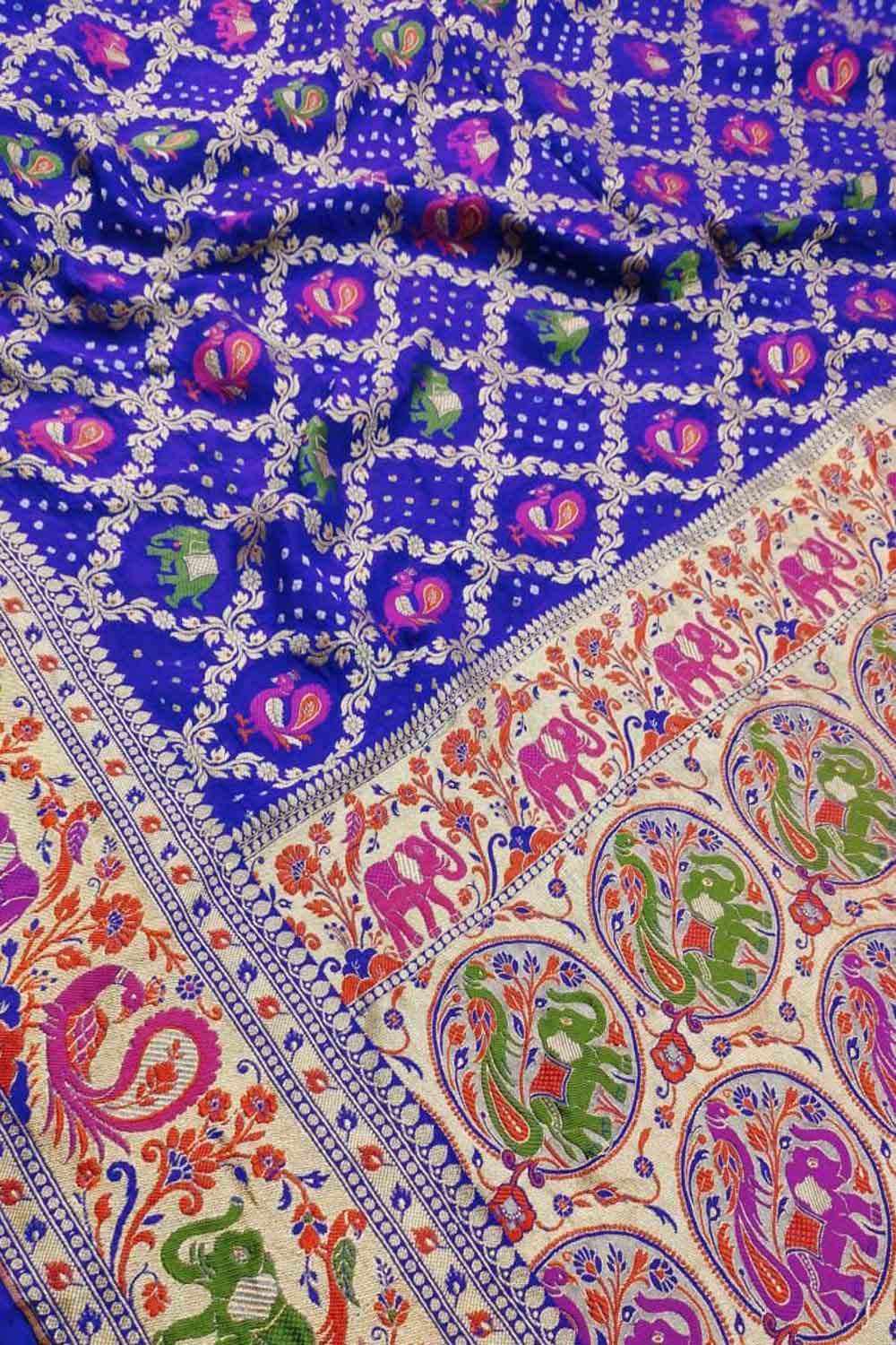 Elegant Blue Pure Georgette Banarasi Meenakari With Bandhani Work Saree - Luxurion World