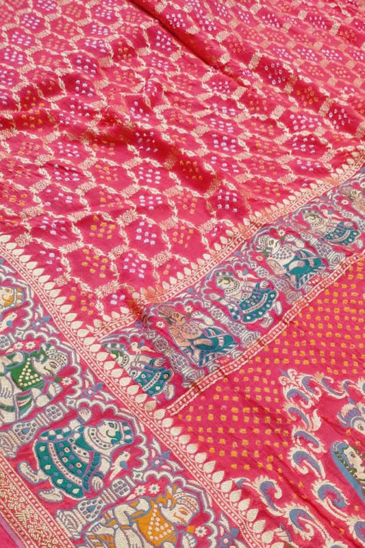 Beautiful Pink Pure Georgette Banarasi Meenakari With Bandhani Work Saree - Luxurion World