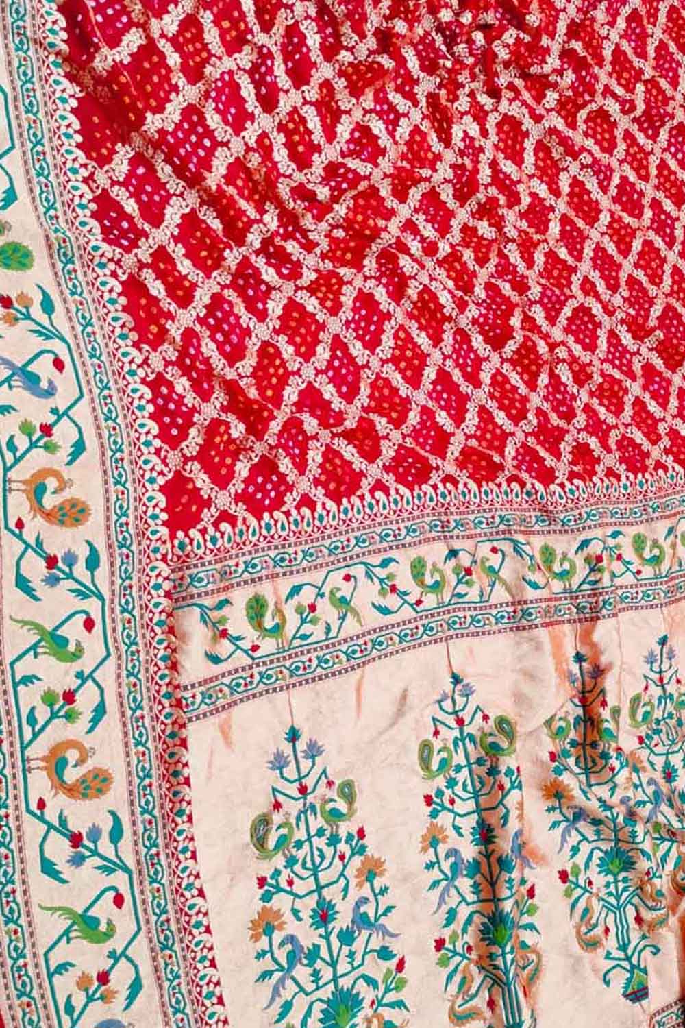 Red Bandhani Banarasi Pure Georgette Meenakari Saree - Luxurion World