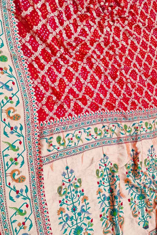 Red Bandhani Banarasi Pure Georgette Meenakari Saree - Luxurion World