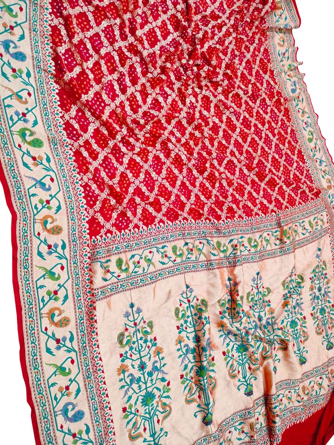 Red Bandhani Banarasi Pure Georgette Meenakari Saree - Luxurion World