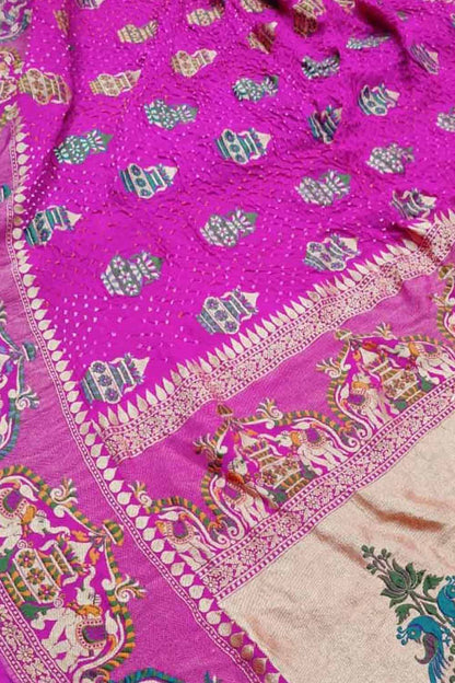 Exquisite Pink Bandhani Banarasi Pure Georgette Meenakari Saree - Luxurion World