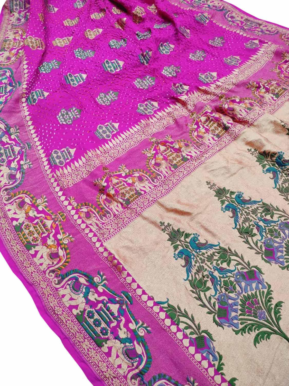 Exquisite Pink Bandhani Banarasi Pure Georgette Meenakari Saree - Luxurion World