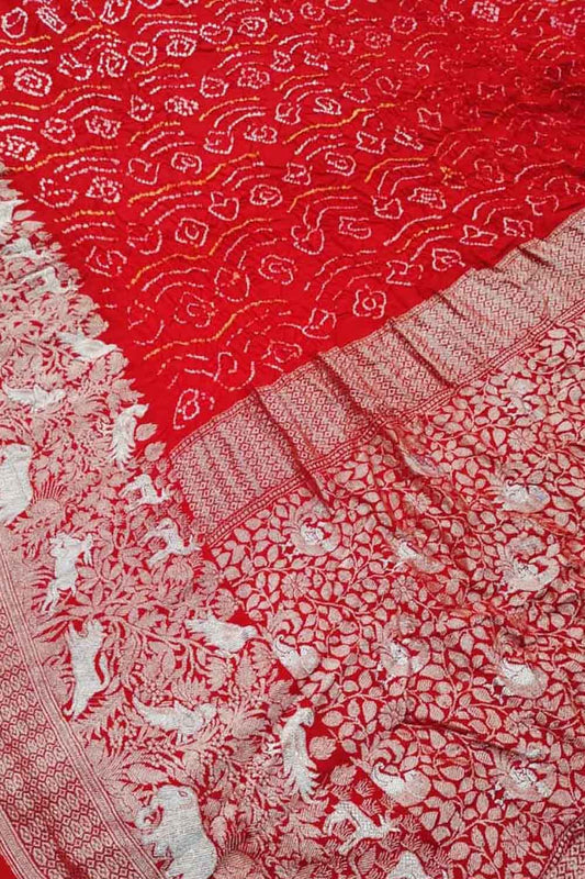 Red Bandhani Banarasi Pure Georgette Meenakari Saree - Luxurion World