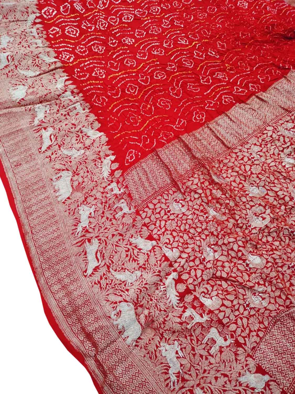 Red Bandhani Banarasi Pure Georgette Meenakari Saree - Luxurion World