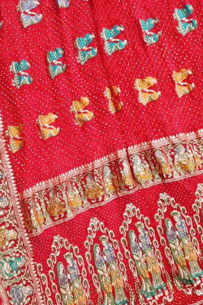 Red Bandhani Banarasi Pure Georgette Meenakari Saree - Luxurion World