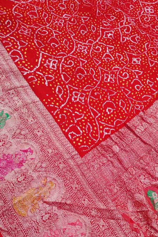 Red Bandhani Banarasi Pure Georgette Meenakari Saree - Luxurion World