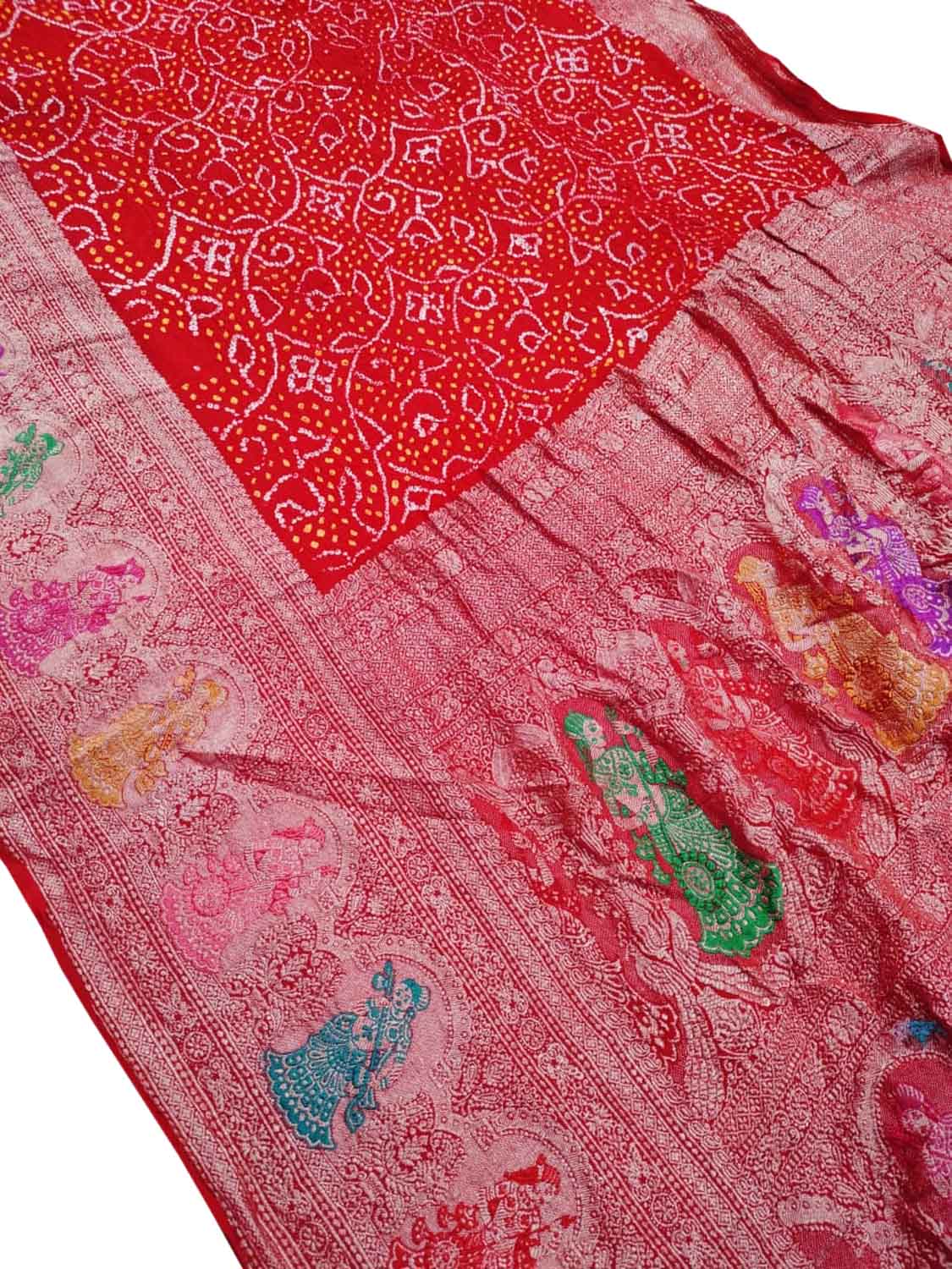 Red Bandhani Banarasi Pure Georgette Meenakari Saree - Luxurion World