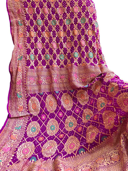 Stunning Pink And Purple Banarasi Bandhani Georgette Saree - Luxurion World