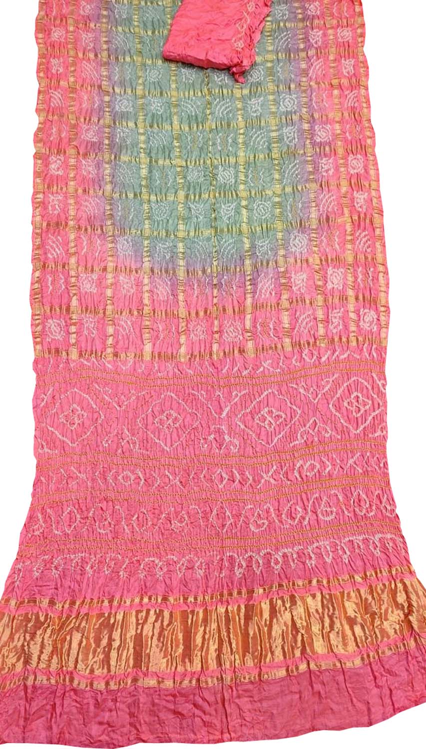 Stunning Pink & Grey Bandhani Gharchola Pure Gajji Silk Saree - Luxurion World