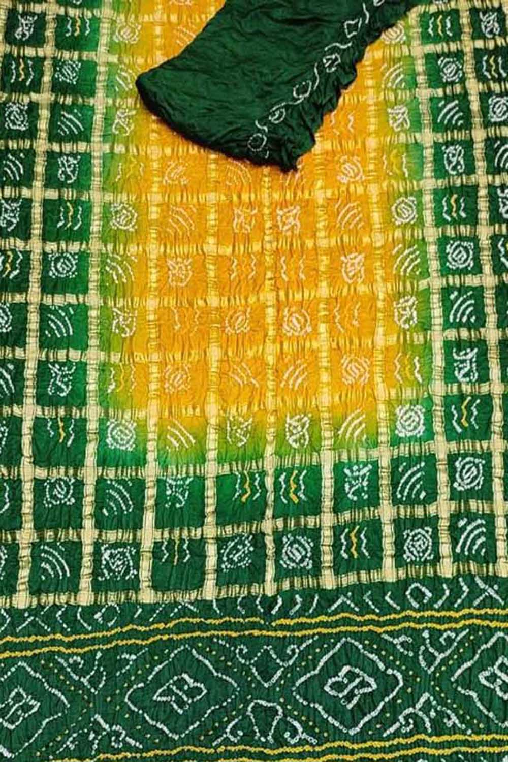 Yellow & Green Bandhani Gharchola Pure Gajji Silk Saree - Luxurion World