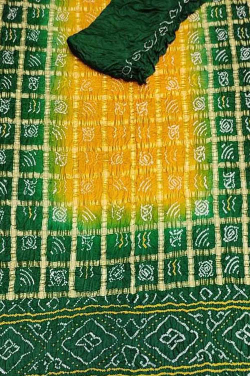 Yellow & Green Bandhani Gharchola Pure Gajji Silk Saree - Luxurion World