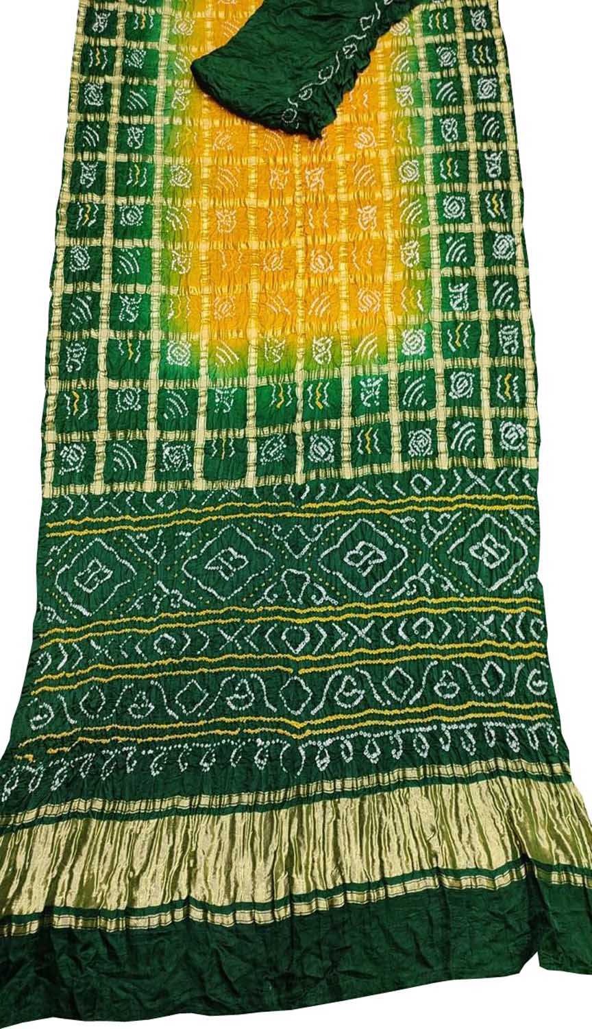 Yellow & Green Bandhani Gharchola Pure Gajji Silk Saree - Luxurion World