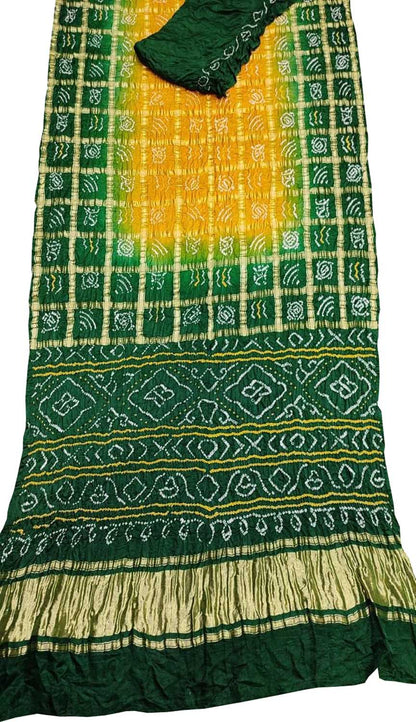 Yellow & Green Bandhani Gharchola Pure Gajji Silk Saree - Luxurion World