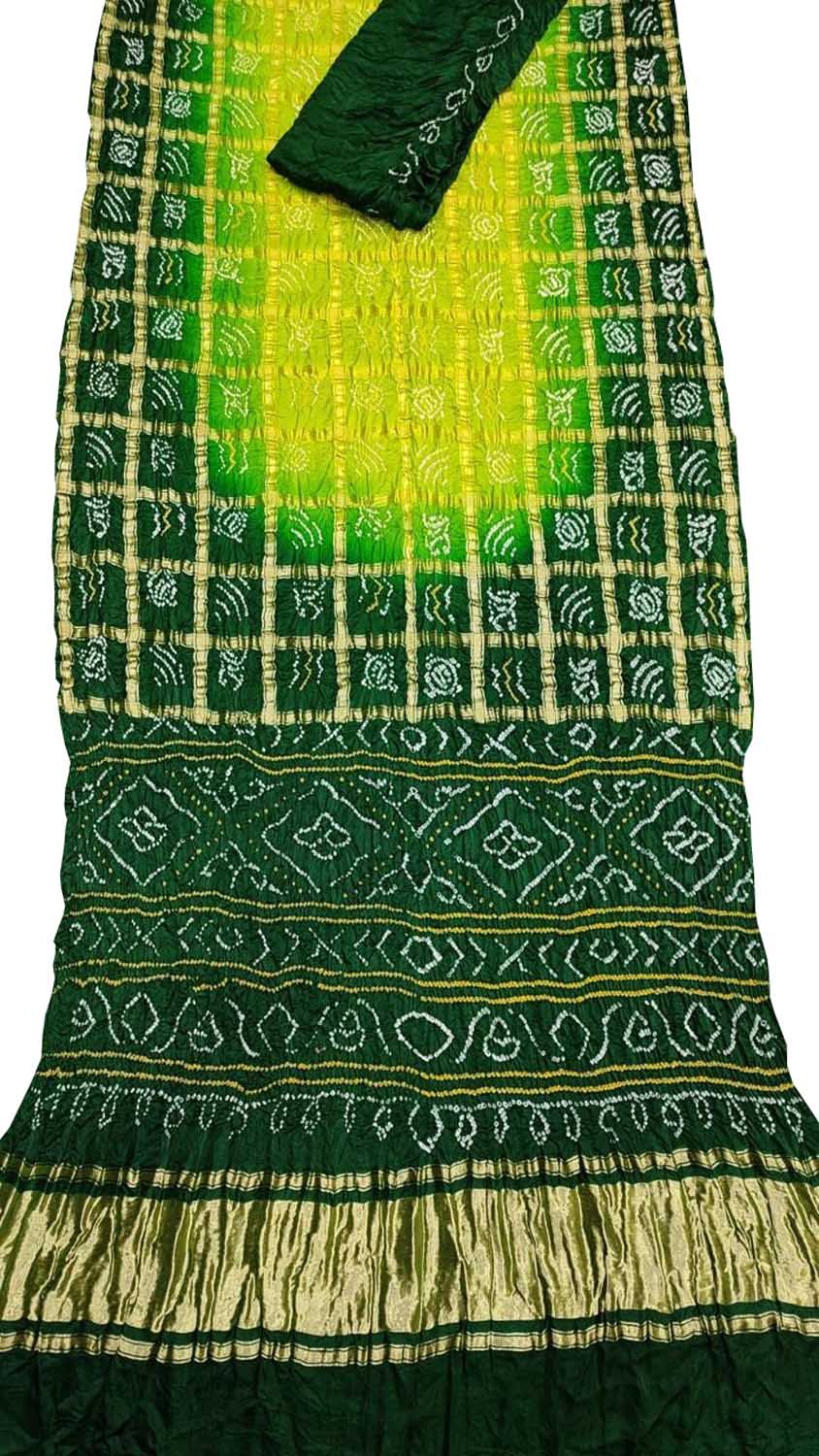 Green & Yellow Bandhani Gharchola Pure Gajji Silk Saree - Luxurion World