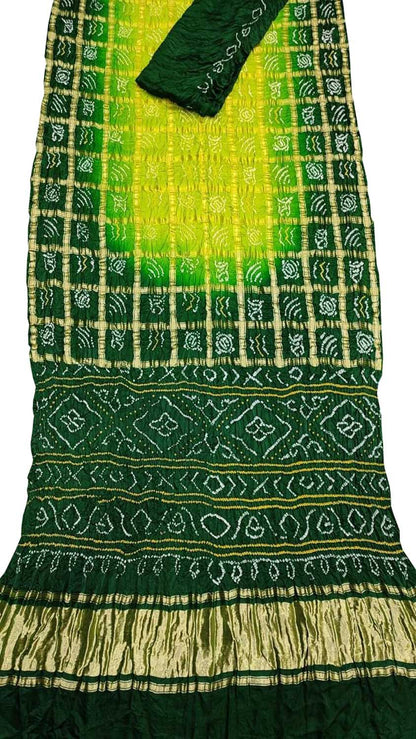 Green & Yellow Bandhani Gharchola Pure Gajji Silk Saree - Luxurion World