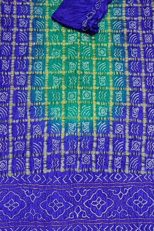 Blue & Green Bandhani Gharchola Pure Gajji Silk Saree - Luxurion World