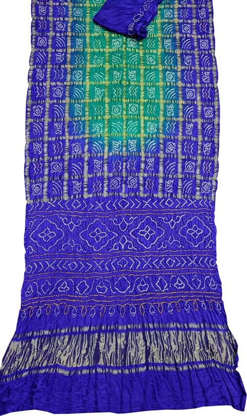 Blue & Green Bandhani Gharchola Pure Gajji Silk Saree - Luxurion World