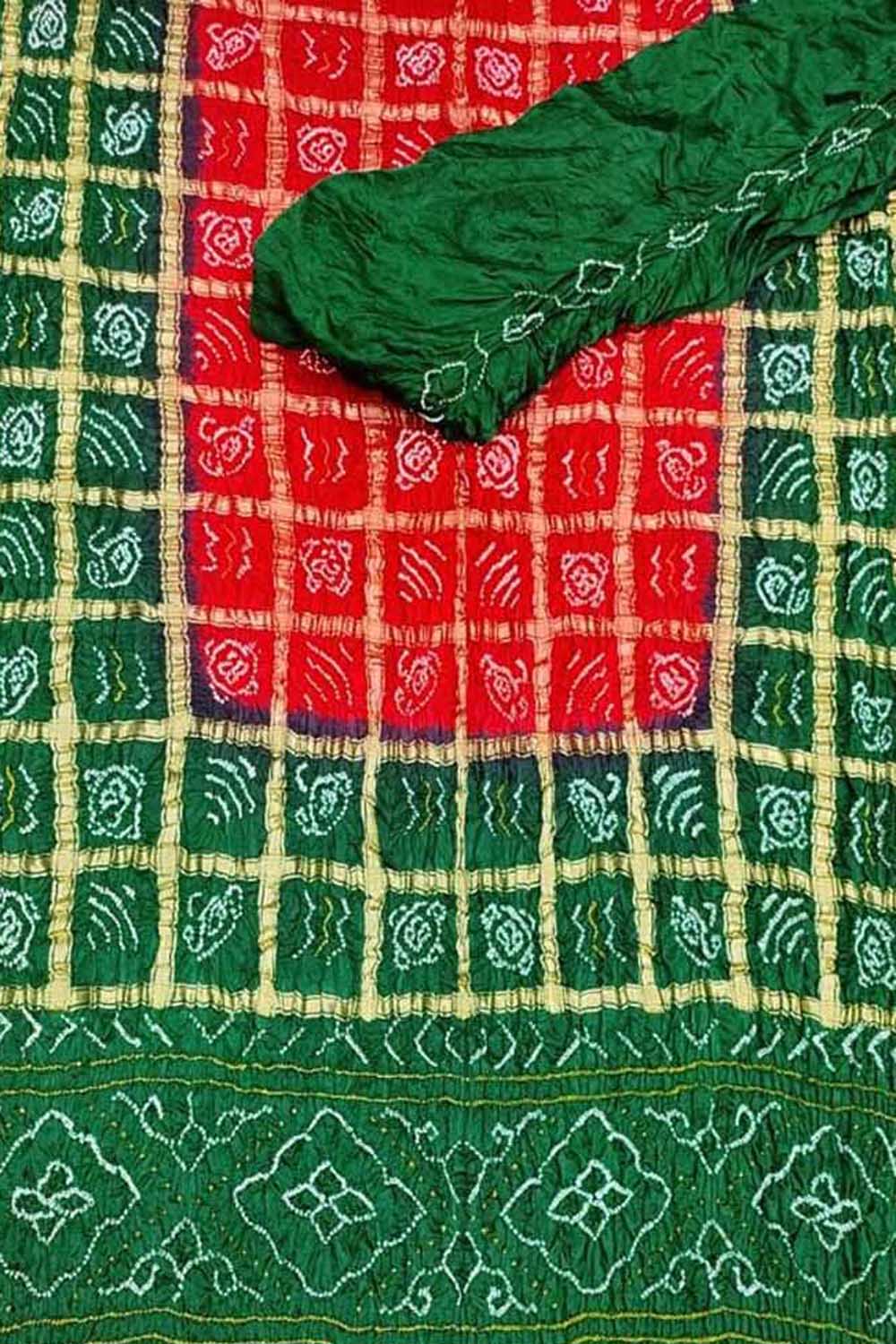 Green And Red Bandhani Gharchola Pure Gajji Silk Saree - Luxurion World