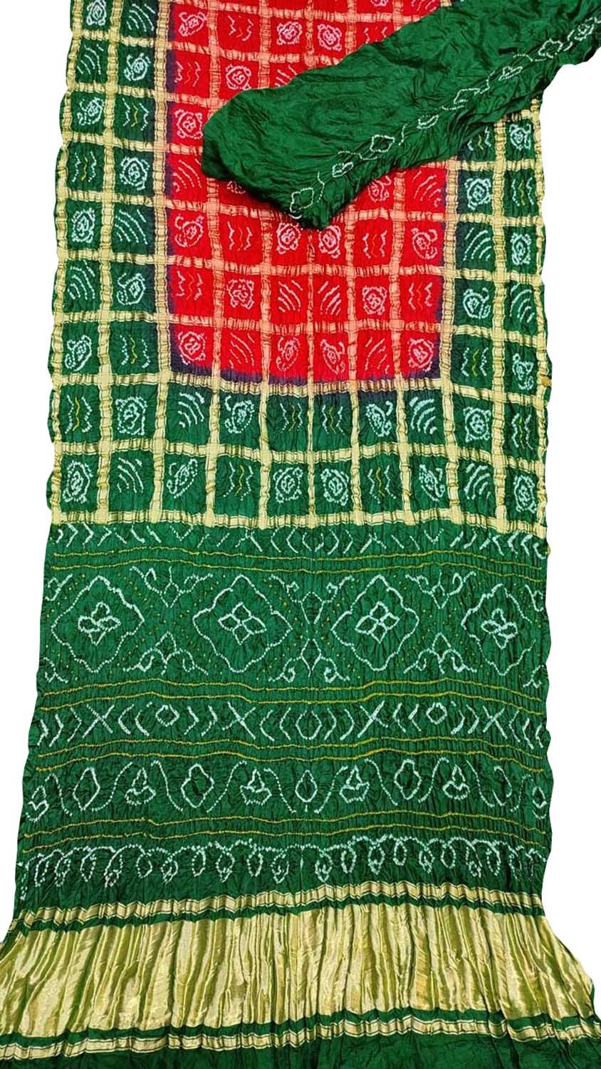 Green And Red Bandhani Gharchola Pure Gajji Silk Saree - Luxurion World