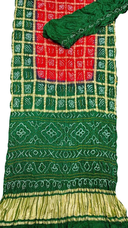 Green And Red Bandhani Gharchola Pure Gajji Silk Saree - Luxurion World