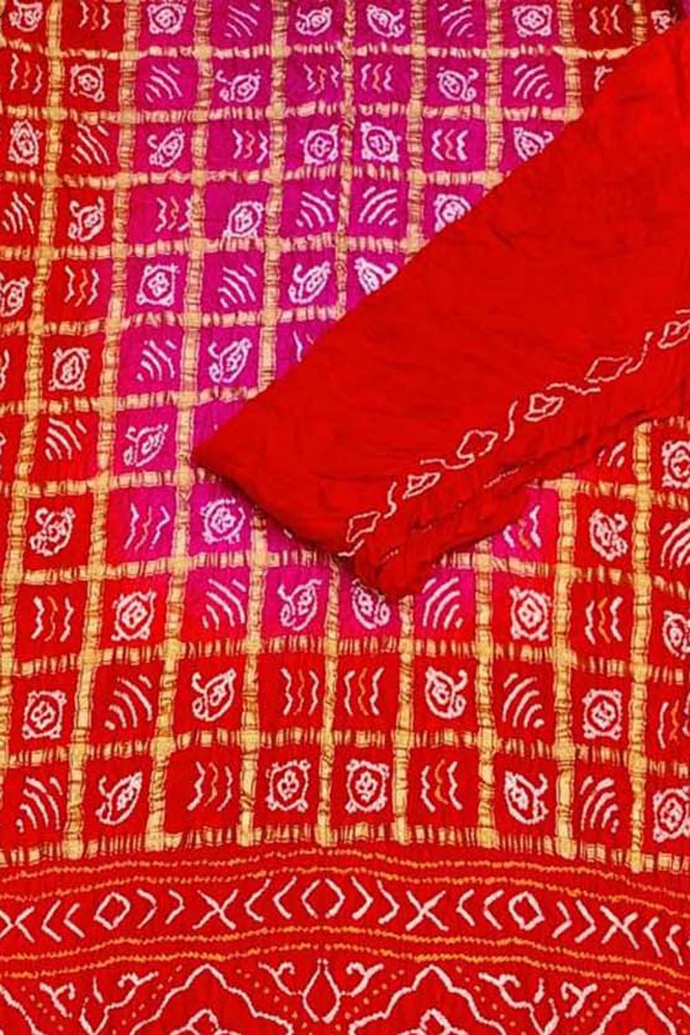 Vibrant Red & Pink Bandhani Gharchola Pure Gajji Silk Saree - Luxurion World