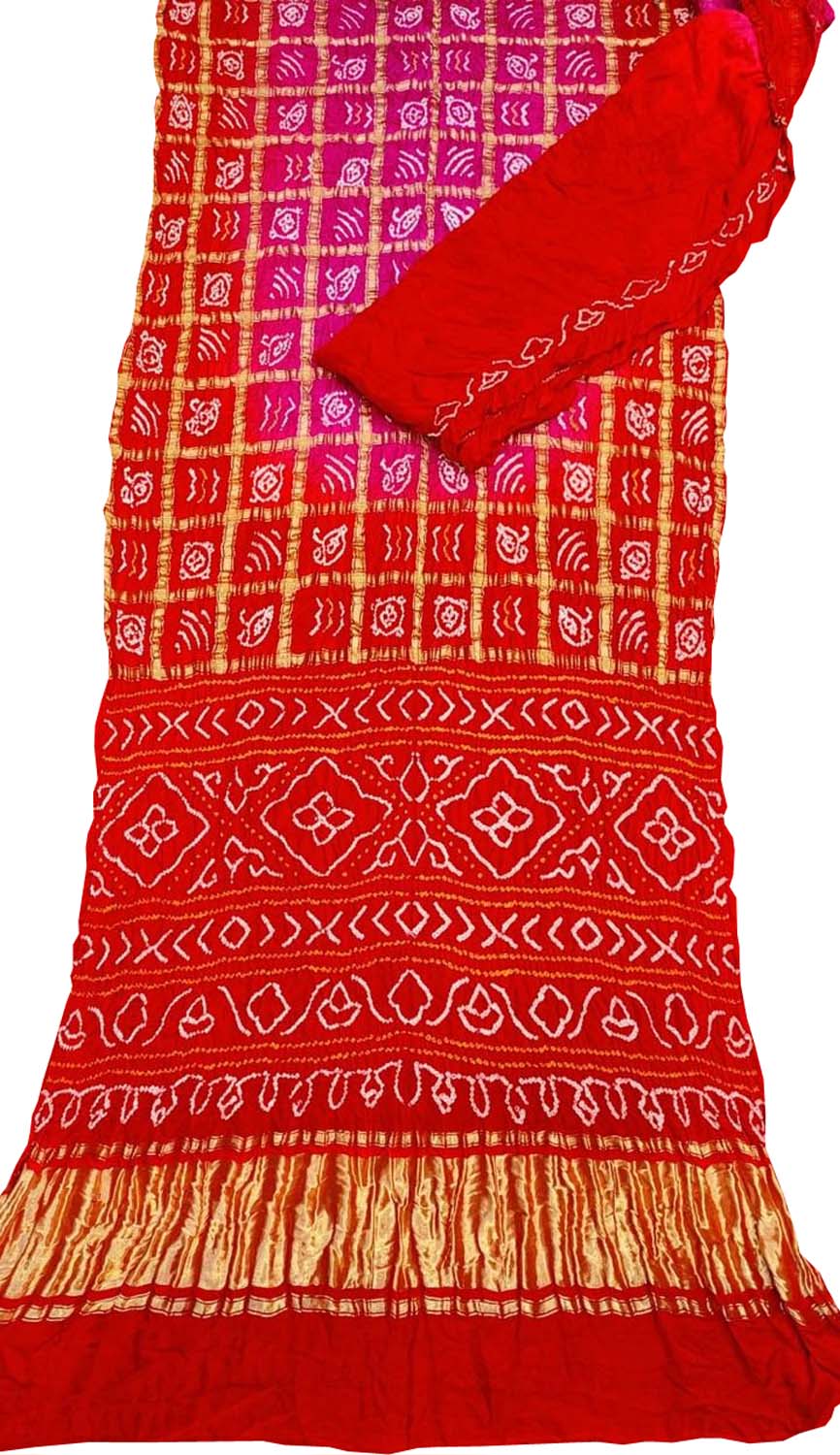 Vibrant Red & Pink Bandhani Gharchola Pure Gajji Silk Saree - Luxurion World