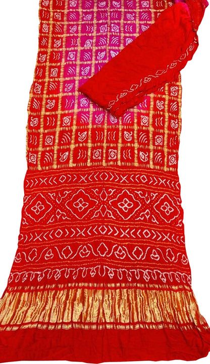 Vibrant Red & Pink Bandhani Gharchola Pure Gajji Silk Saree - Luxurion World