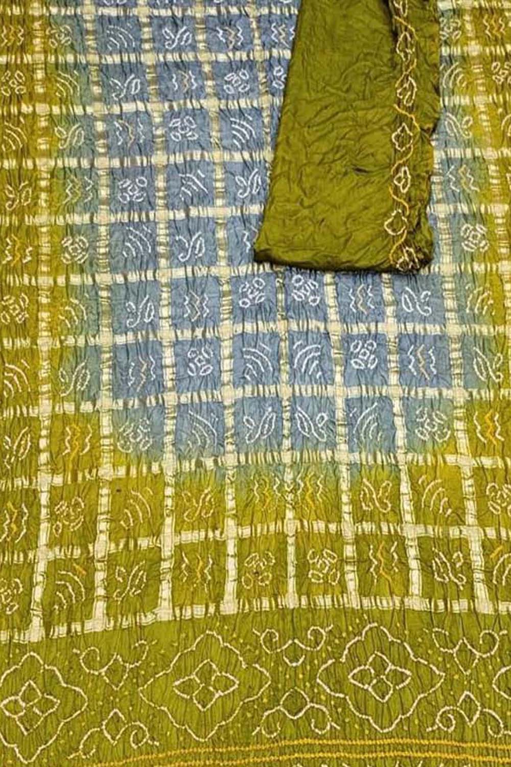 Stunning Green & Grey Bandhani Gharchola Pure Gajji Silk Saree - Luxurion World