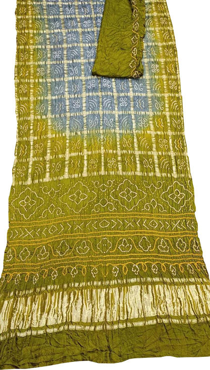 Stunning Green & Grey Bandhani Gharchola Pure Gajji Silk Saree - Luxurion World