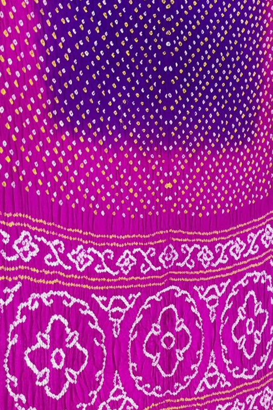 Purple And Pink Bandhani Pure Gajji Silk Saree - Luxurion World
