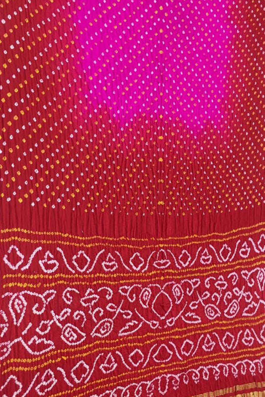 Pink And Red Bandhani Pure Gajji Silk Saree - Luxurion World
