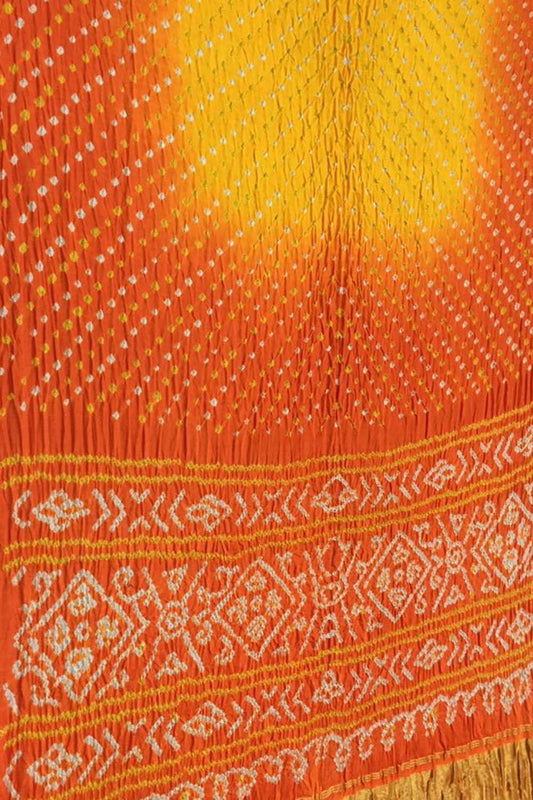 Yellow And Orange Bandhani Pure Gajji Silk Saree - Luxurion World