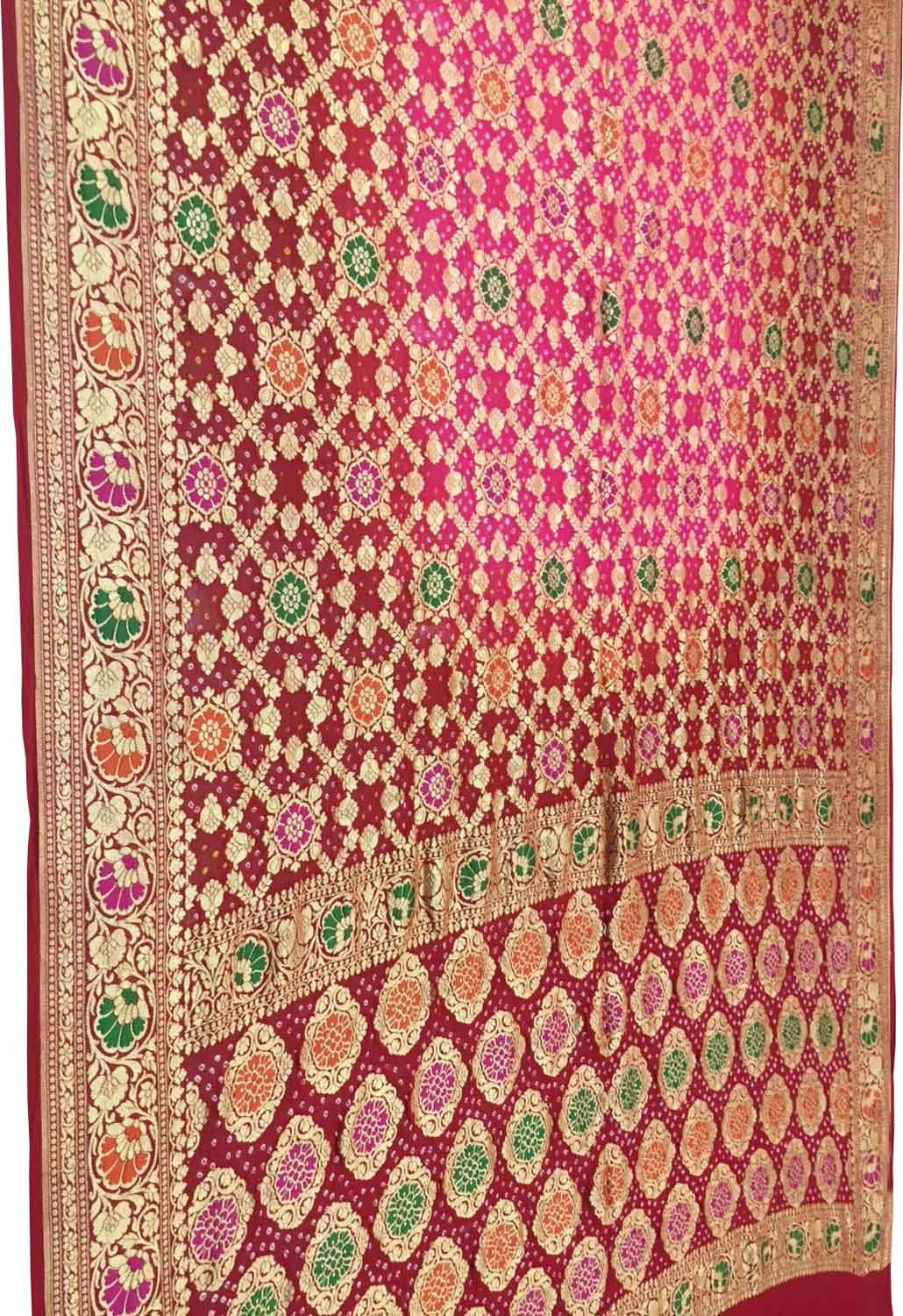 Red & Pink Banarasi Bandhani Georgette Meenakari Saree - Luxurion World