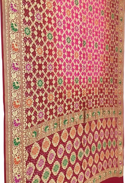 Red & Pink Banarasi Bandhani Georgette Meenakari Saree - Luxurion World