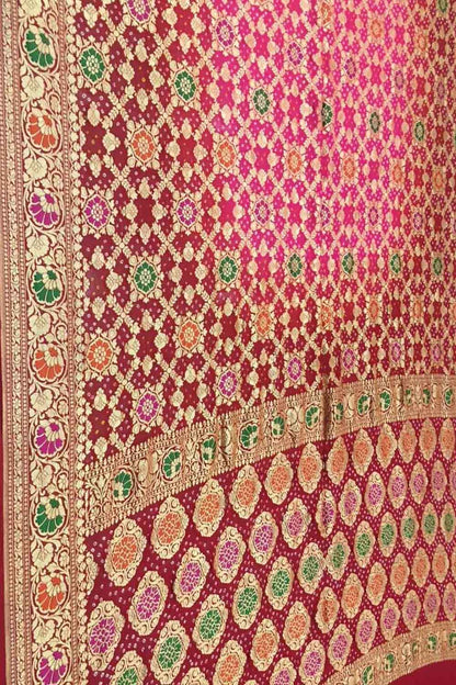 Red & Pink Banarasi Bandhani Georgette Meenakari Saree - Luxurion World